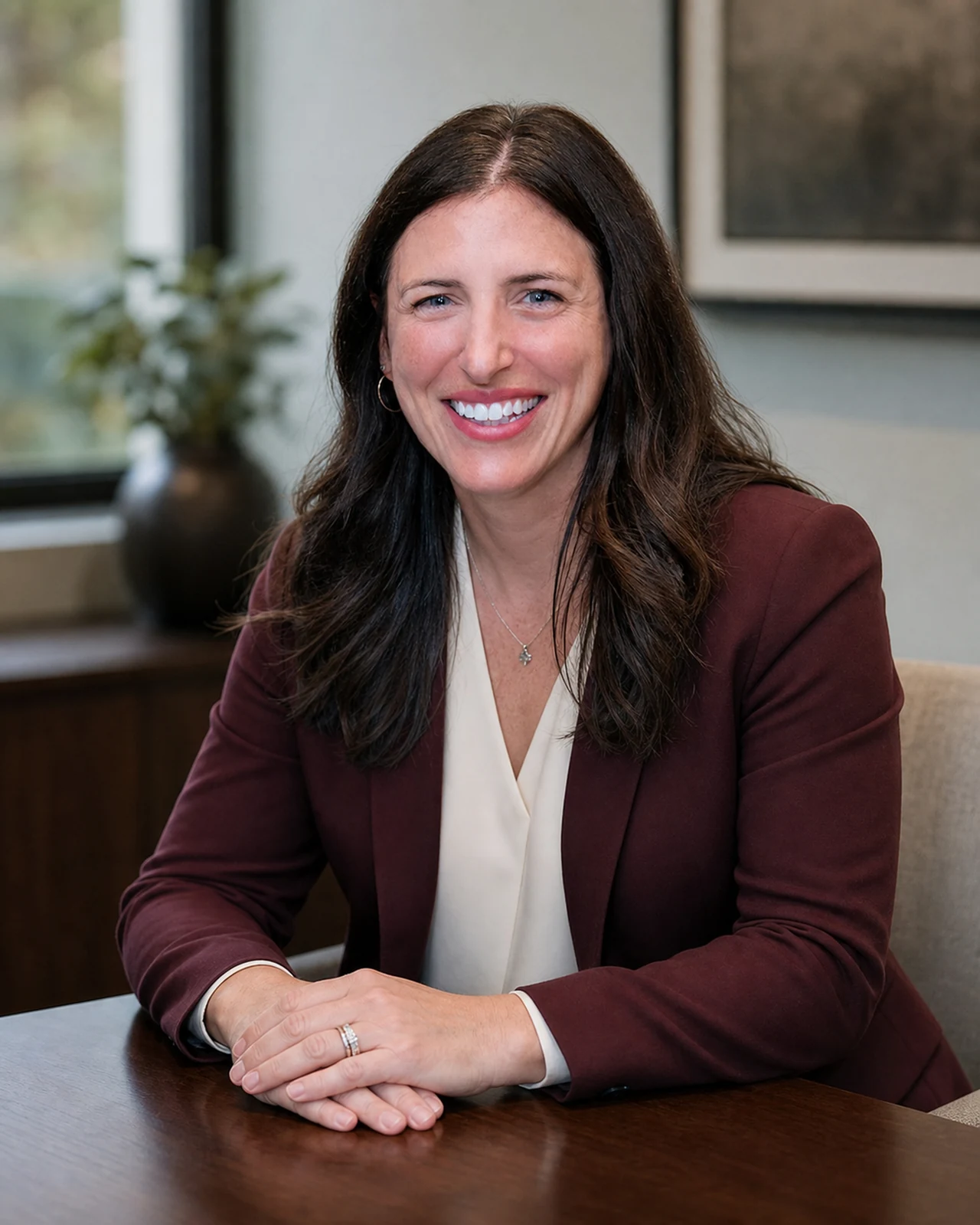 Heather Fineman seated in a burgundy blazer in a professional office