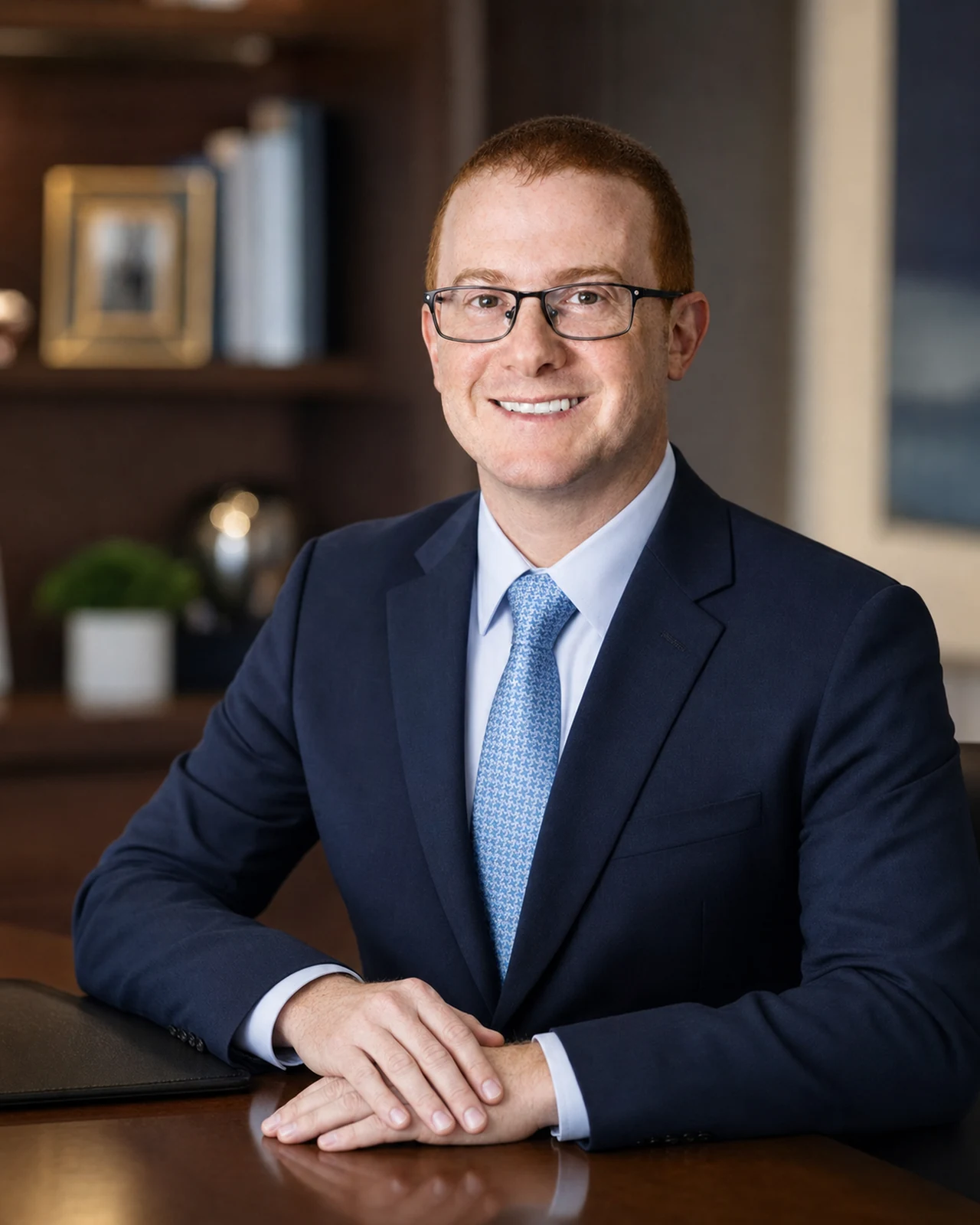 Joshua Goldstein seated in a navy suit in a professional office