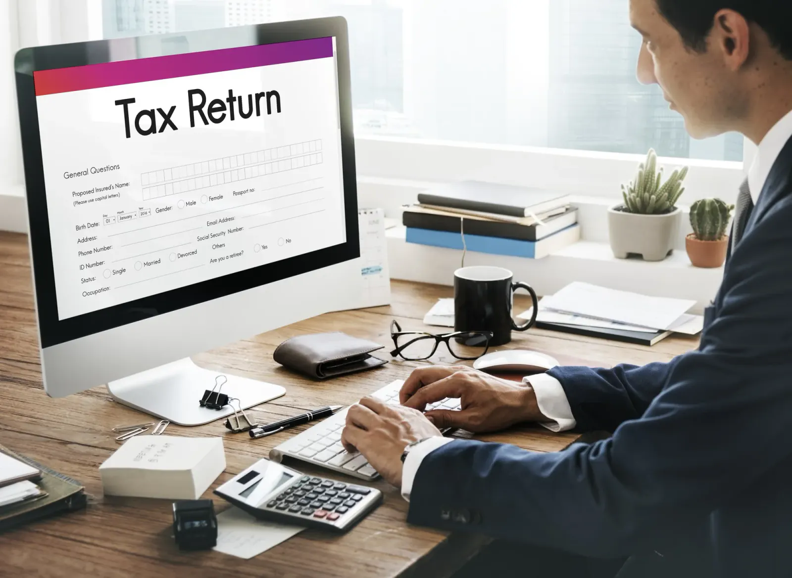 Professional reviewing a tax return on a desktop computer
